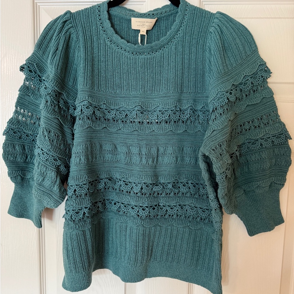 NWT Sezane Teal Lace Knit Sweater